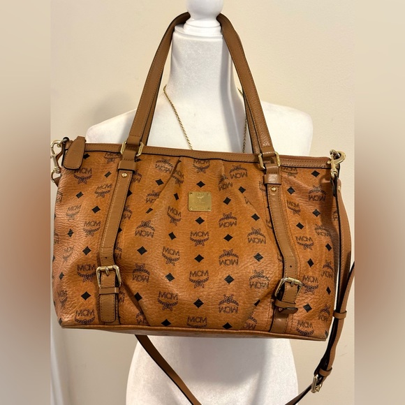 MCM Visetos LARGE with Strap Essentials Shopper Two way Tote Cognac - Picture 11 of 15